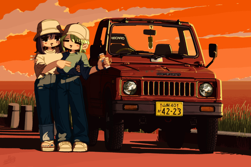 2girls =_= baseball_cap black_pants blue_nails blue_pants blush brown_footwear brown_headwear brown_shirt bucket_hat can green_hair green_shirt hair_behind_ear hand_on_another's_waist hat highres holding holding_can license_plate medium_hair multiple_girls nail_polish ocean original pants satosio shirt shirt_tucked_in shoes short_hair smile sneakers sports_utility_vehicle sunset suzuki_(company) suzuki_jimny toenail_polish toenails v vehicle_focus yuri