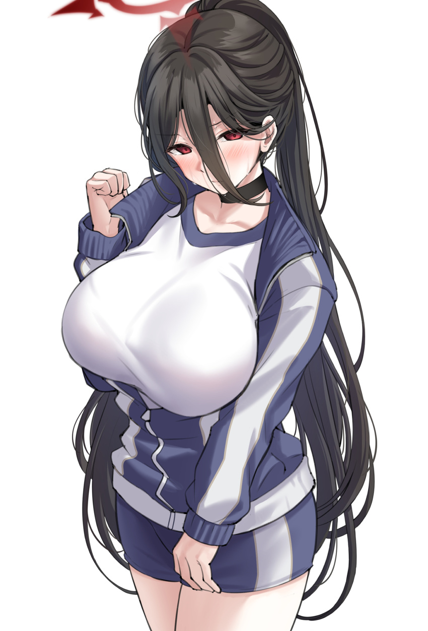 1girl absurdres black_choker black_hair blue_archive blue_jacket blue_shorts blush breasts choker closed_mouth collarbone commentary cowboy_shot gym_shirt gym_uniform hair_between_eyes halo hand_up hasumi_(blue_archive) hasumi_(gym_uniform)_(blue_archive) highres jacket large_breasts long_bangs long_hair looking_at_viewer no_wings official_alternate_costume partially_unzipped ponytail ptal red_eyes shirt shorts simple_background solo standing sweat track_jacket very_long_hair white_background white_shirt zipper_pull_tab