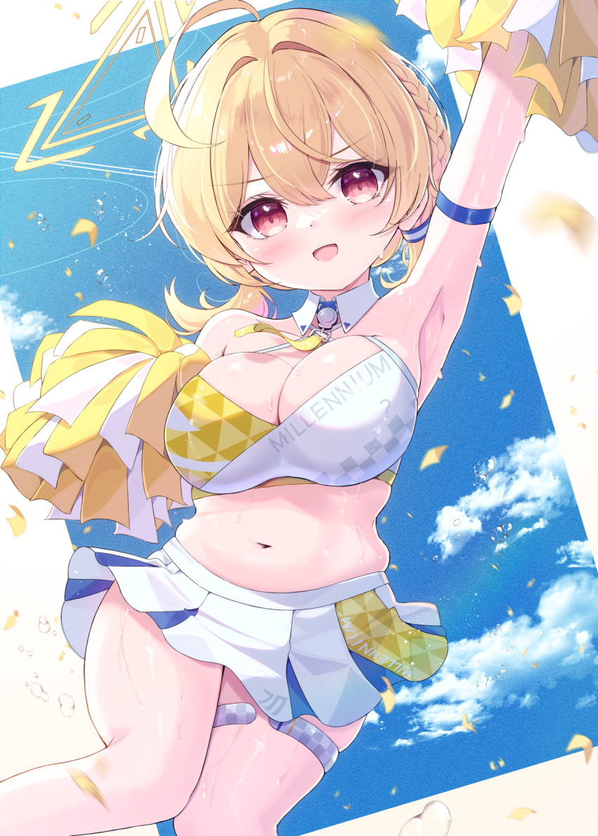 1girl ahoge arm_up armpits blonde_hair blue_archive blush breasts cheering cheerleader cleavage clothes_writing detached_collar feet_out_of_frame hair_between_eyes halo halterneck highres holding holding_pom_poms kotori_(blue_archive) kotori_(cheer_squad)_(blue_archive) large_breasts long_hair looking_at_viewer mikaze_oto millennium_cheerleader_outfit_(blue_archive) navel official_alternate_costume open_mouth pom_pom_(cheerleading) red_eyes short_twintails skirt smile solo thigh_strap twintails white_skirt yellow_halo