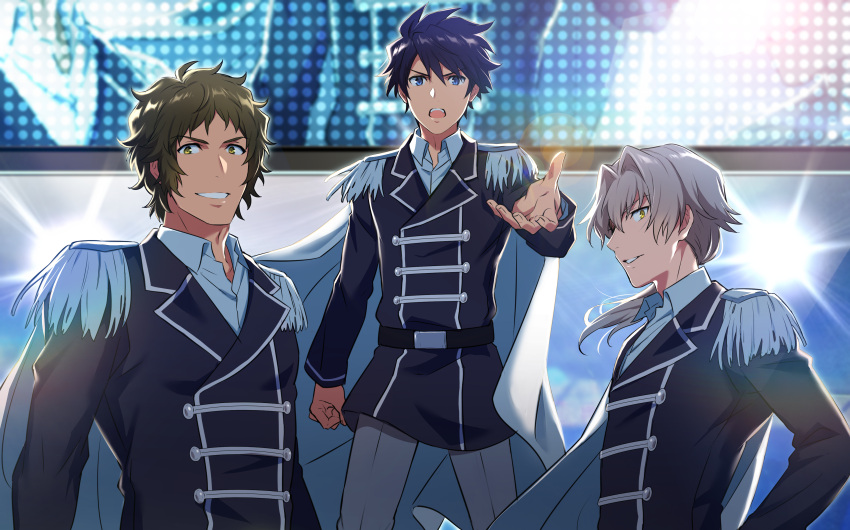 3boys absurdres blue_eyes blue_hair brown_hair cape enjoji_michiru epaulettes fingernails green_eyes grey_hair highres idol idolmaster idolmaster_side-m kizaki_ren long_sleeves looking_at_viewer male_focus multiple_boys open_mouth shiron_(shiro_n) smile taiga_takeru the_kogado_(idolmaster) uniform white_cape yellow_eyes