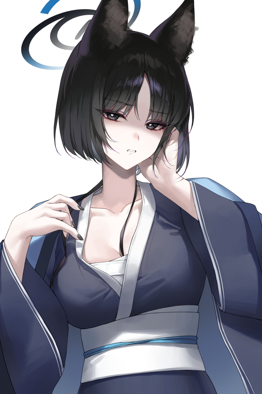 1girl absurdres animal_ears arm_up black_eyes black_hair black_halo black_nails blue_archive blue_kimono breasts bright_pupils chest_sarashi cleavage collarbone commentary_request disgust fingernails halo hand_up highres japanese_clothes kikyou_(blue_archive) kimono large_breasts long_sleeves nail_polish obi obijime open_mouth parted_bangs raki_kr sarashi sash shaded_face short_hair solo upper_body white_pupils wide_sleeves