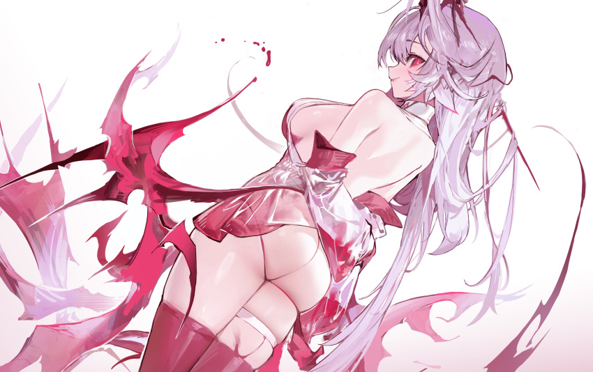 1girl absurdres agoto arm_behind_back ass breasts detached_sleeves dress from_behind grey_hair hair_between_eyes highres large_breasts long_hair looking_at_viewer looking_back low_wings original red_eyes red_thighhighs red_wings simple_background skindentation solo thigh_strap thighhighs very_long_hair white_background wings