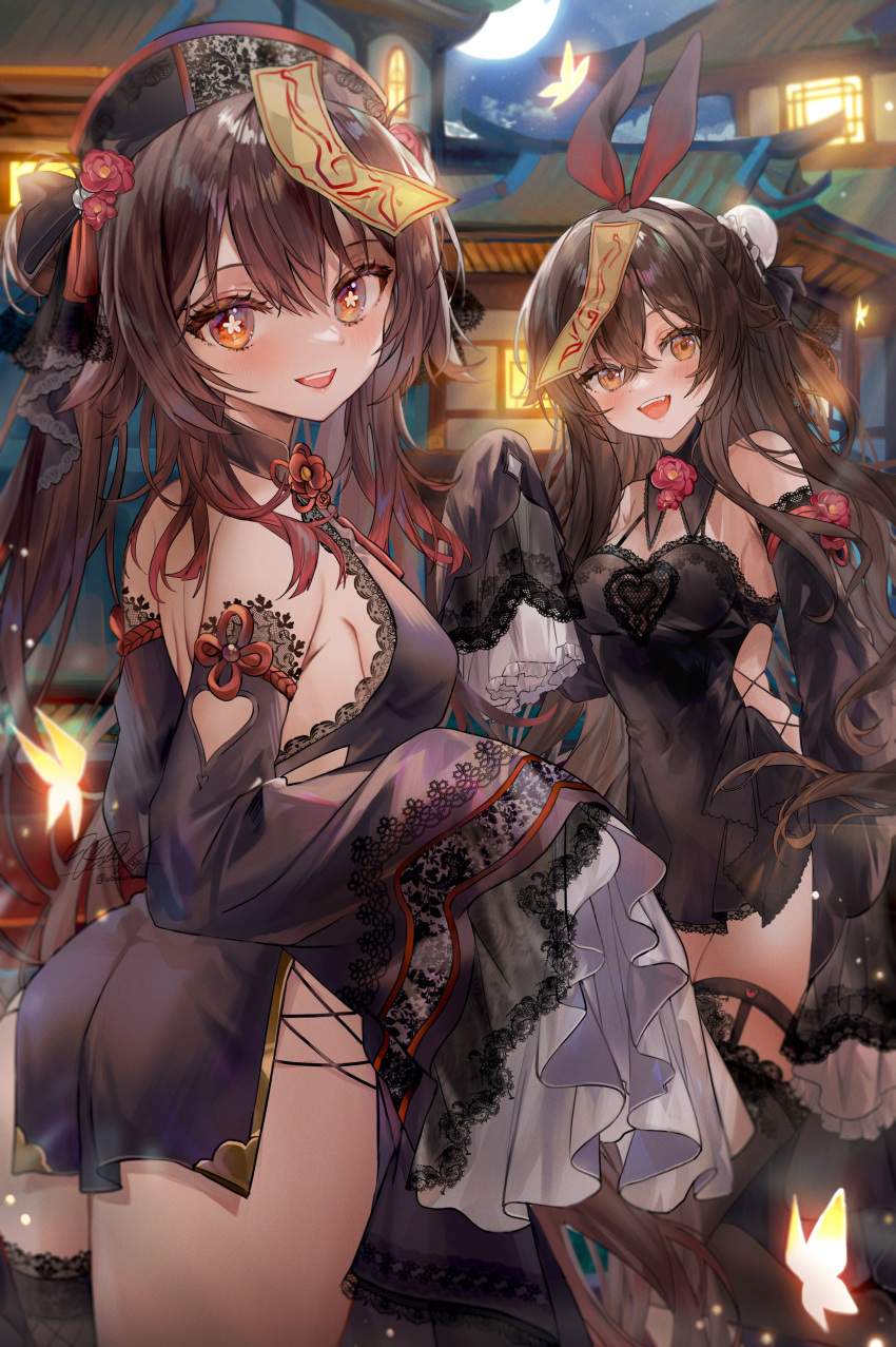 2girls absurdres amber_(genshin_impact) ass black_headwear blush breasts brown_eyes brown_hair chinese_clothes flower flower-shaped_pupils frills genshin_impact hair_between_eyes halloween halloween_costume hat highres hu_tao_(genshin_impact) jiangshi_costume long_hair long_sleeves looking_at_viewer multiple_girls ofuda ofuda_on_head open_mouth red_ribbon ribbon sideboob small_breasts smile symbol-shaped_pupils twintails utsuhostoria very_long_hair