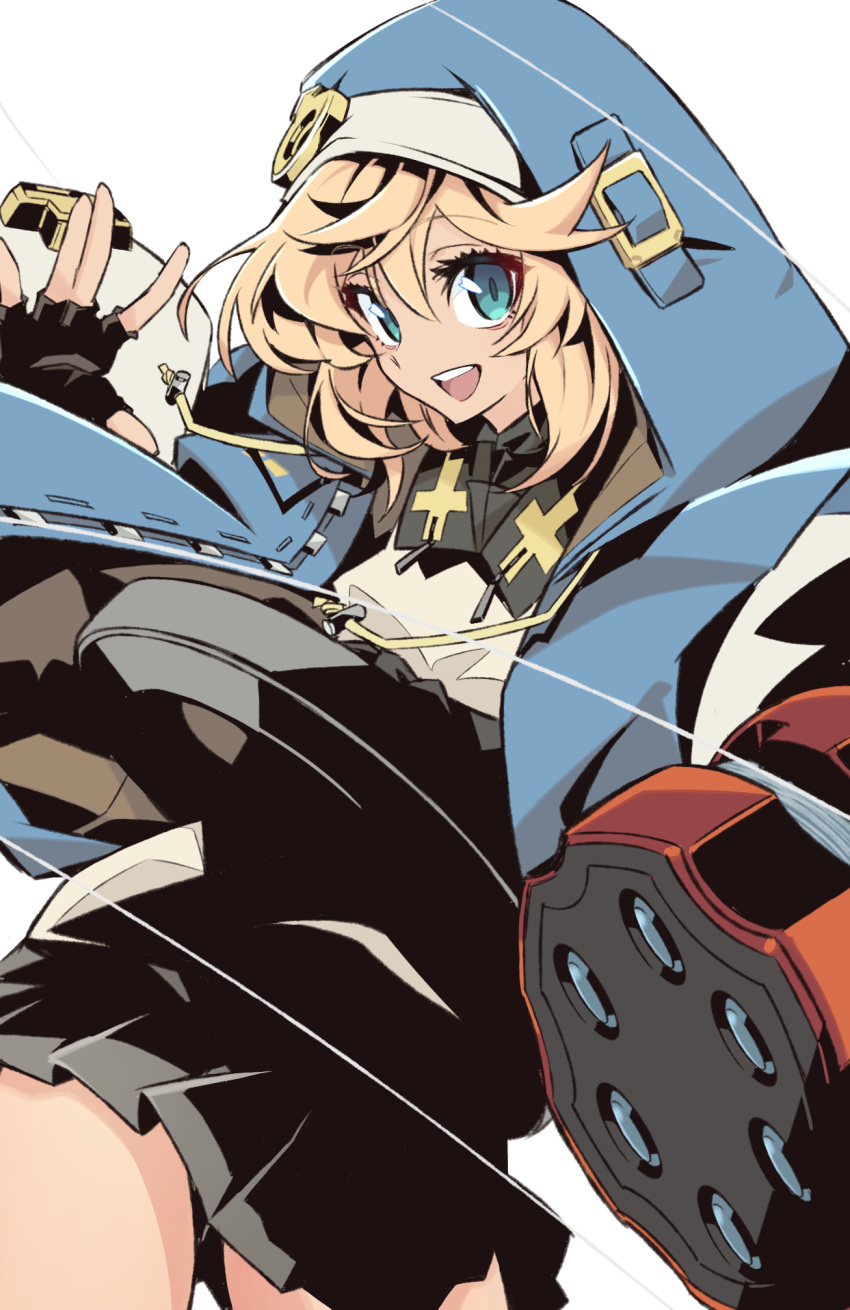 1boy androgyne_symbol aqua_eyes blonde_hair blush bridget_(guilty_gear) cross cuffs fingerless_gloves gloves guilty_gear guilty_gear_strive habit handcuffs highres hood hood_up hooded_jacket hoodie jacket long_hair long_sleeves looking_at_viewer male_focus medium_hair mutsuki_riichi open_clothes open_hoodie open_mouth otoko_no_ko pleated_skirt puffy_long_sleeves puffy_sleeves simple_background skirt smile solo yo-yo