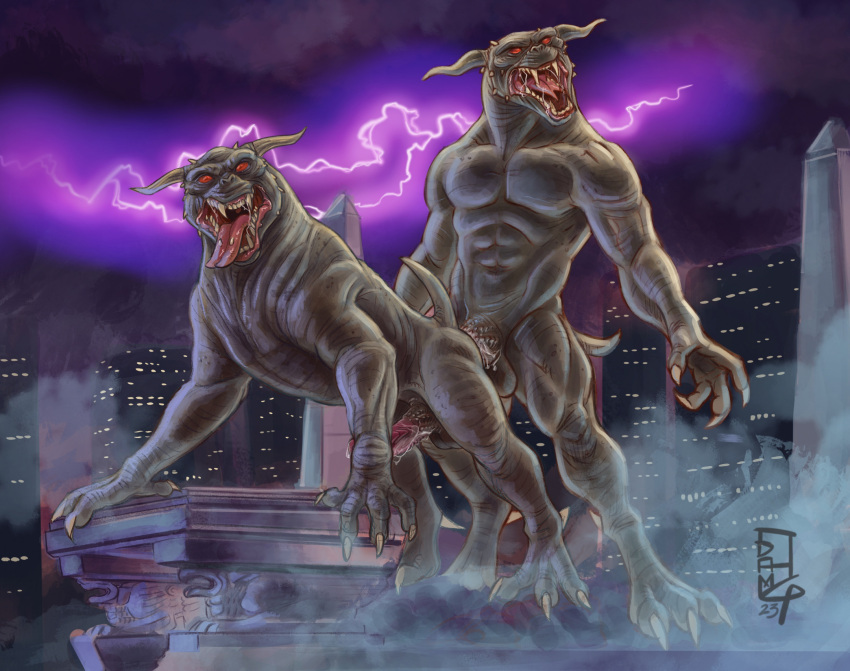 aerosaur83 anal anal_penetration anthro anthro_on_feral balls bestiality bodily_fluids city city_background draikoth_(rak-sasha) duo electricity feral fog from_behind_position genital_fluids genitals ghostbusters hi_res intraspecies intraspecies_bestiality lightning male male/male nude obelisk penetration penile penile_penetration penis penis_in_ass precum sex terror_dog valekoth_(rak-sasha)