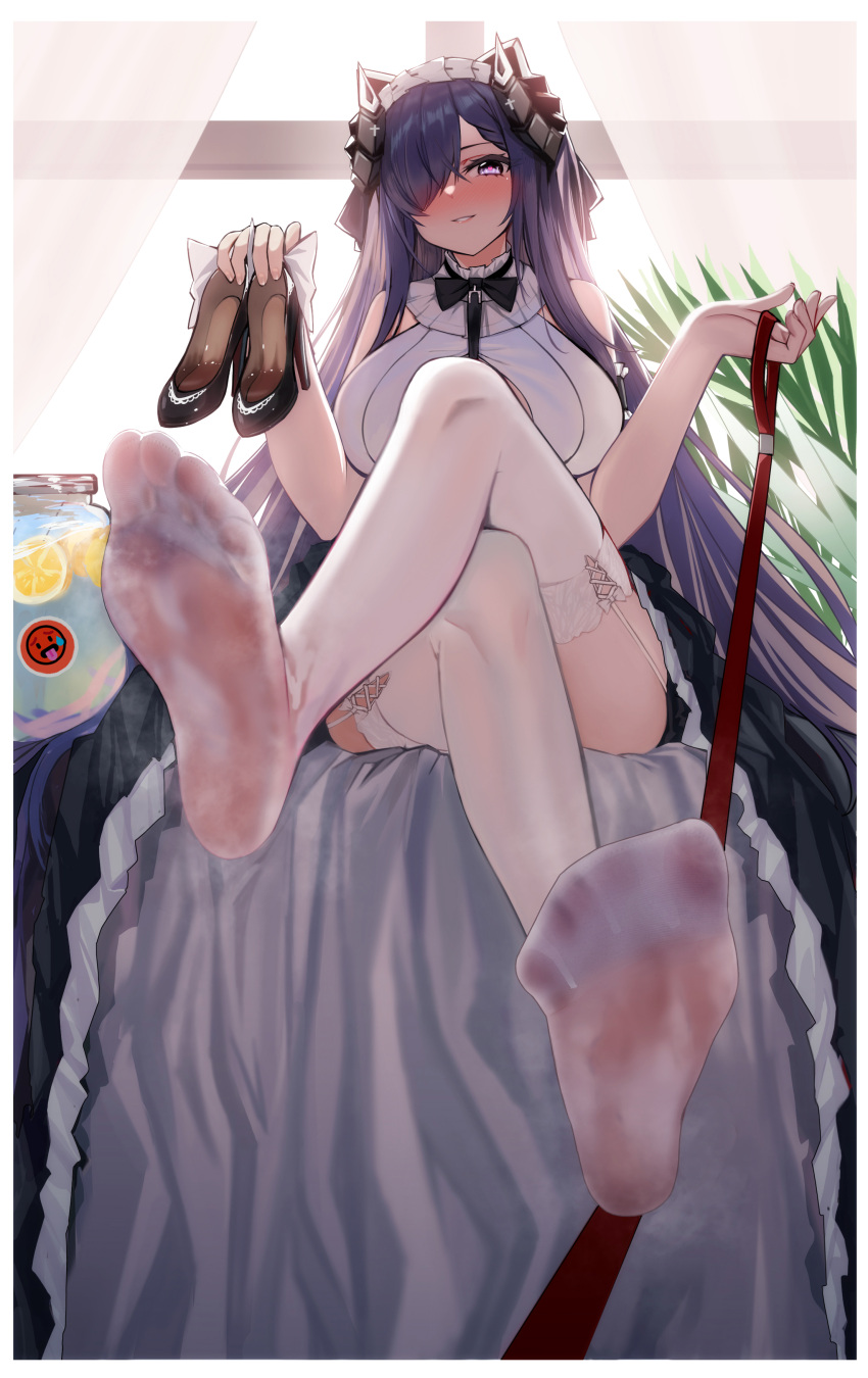 1girl absurdres august_von_parseval_(azur_lane) azur_lane black_horns blue_hair breasts cang_se_ye_hua crossed_legs curled_horns dress feet garter_straps high_heels highres holding holding_leash holding_shoes horns large_breasts leash long_hair looking_at_viewer mechanical_horns non-humanoid_robot one_eye_covered robot robot_dragon shoes skirt smile soles thighhighs thighs wet wet_clothes white_thighhighs
