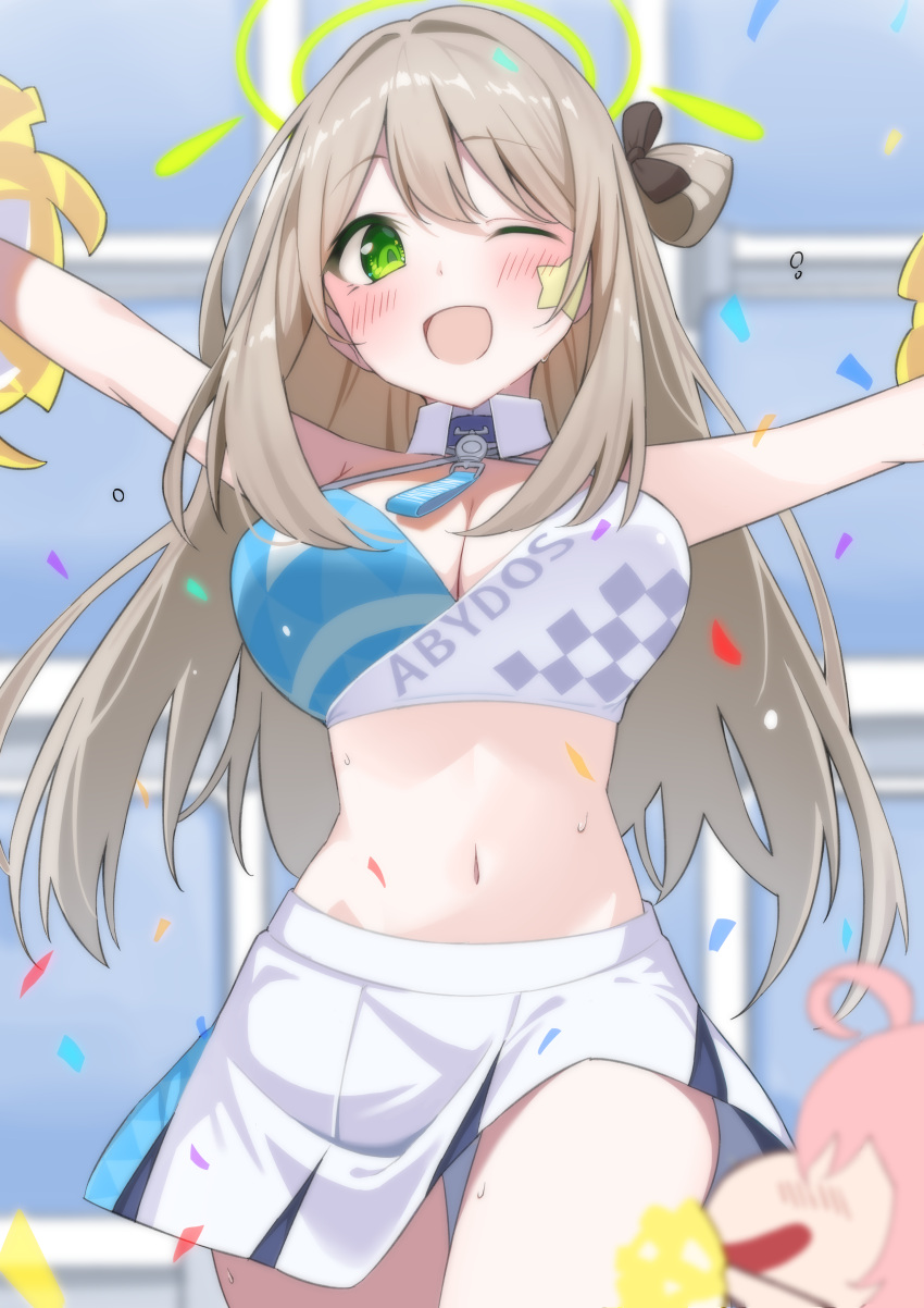 absurdres blue_archive blush breasts brown_hair cheerleader cleavage confetti cowboy_shot crop_top gloves green_eyes hair_rings halo highres holding holding_pom_poms large_breasts long_hair midriff miniskirt mizumok1 navel nonomi_(blue_archive) one_eye_closed one_side_up outstretched_arms pom_pom_(cheerleading) skirt star_on_cheek