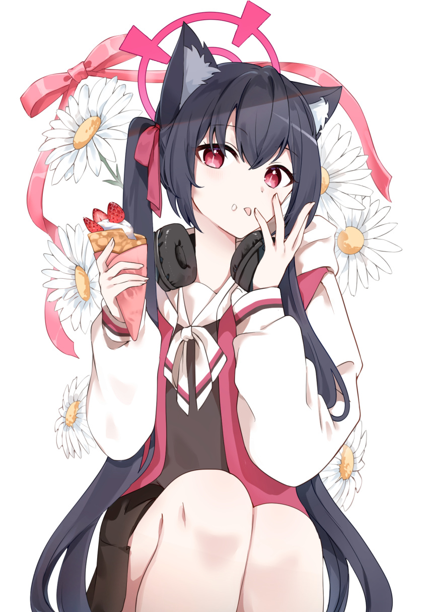 1girl azisai black_hair black_skirt blue_archive crepe feet_out_of_frame flower food food_on_face hair_between_eyes halo highres holding holding_food long_hair long_sleeves pleated_skirt red_eyes red_halo serika_(blue_archive) skirt solo tongue tongue_out twintails white_flower