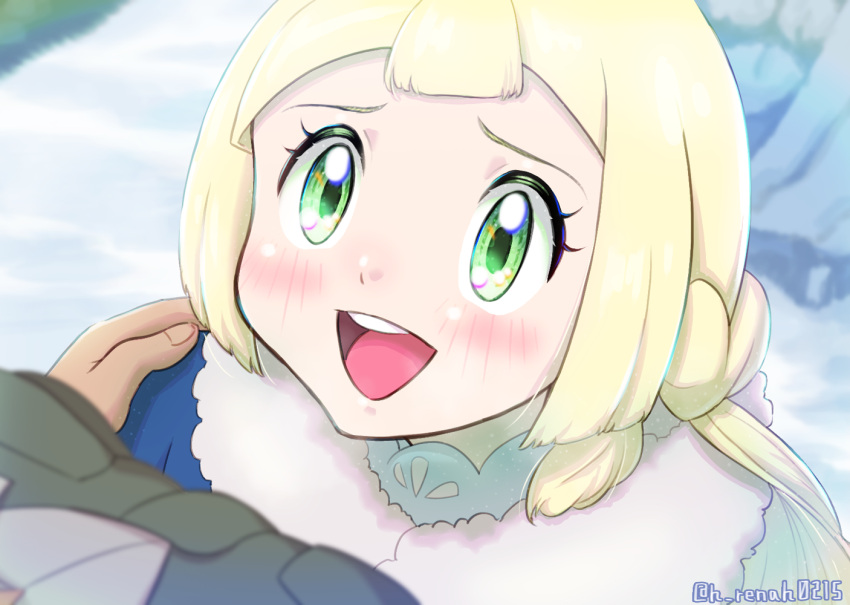 1girl blonde_hair blue_coat blunt_bangs blush coat derivative_work eyelashes green_eyes h_renah happy lillie_(pokemon) long_hair looking_up open_mouth pokemon pokemon_(anime) pokemon_journeys screencap_redraw smile snow solo teeth upper_teeth_only winter_clothes winter_coat