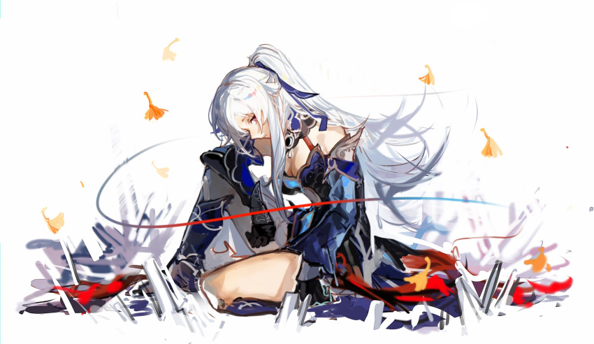 1girl bare_shoulders bird black_bird black_gloves chinese_clothes closed_mouth detached_sleeves dichlorvos121 gloves hair_over_one_eye high_ponytail highres honkai:_star_rail honkai_(series) jingliu_(honkai:_star_rail) ponytail simple_background solo white_background white_hair