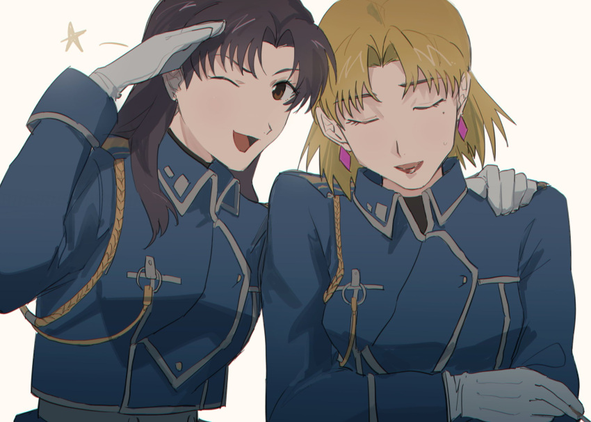 2girls akagi_ritsuko biiko_(king1015g) blonde_hair blue_jacket brown_eyes brown_hair crossed_arms earrings fullmetal_alchemist gloves highres jacket jewelry katsuragi_misato looking_at_viewer military_uniform multiple_girls neon_genesis_evangelion salute sketch smile uniform white_background white_gloves