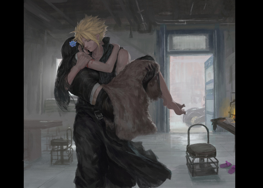 1boy 1girl apron bare_shoulders barefoot black_apron black_gloves black_hair black_shirt black_shorts black_vest blanket blonde_hair carrying carrying_person chair closed_eyes cloud_strife commentary couple crop_top earrings final_fantasy final_fantasy_vii final_fantasy_vii_advent_children flower gloves hair_flower hair_ornament hand_on_another's_shoulder highres indoors jewelry lamp long_hair midriff motor_vehicle motorcycle open_door popped_collar princess_carry shirt shorts single_glove sleeveless sleeveless_shirt slippers slippers_removed smile spiked_hair standing stud_earrings table tank_top tifa_lockhart twitter_username vest white_tank_top window zoewingsz