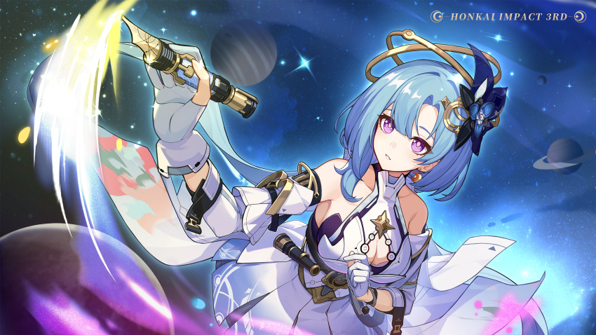 1girl bare_shoulders blue_hair breasts chinese_commentary cleavage_cutout clothing_cutout collarbone detached_sleeves dress earrings gloves griseo griseo_(cosmic_expression) highres holding holding_weapon honkai_(series) honkai_impact_3rd jewelry large_breasts light_blue_hair official_art official_wallpaper paintbrush painting_(action) parted_lips planet purple_eyes saturn_(planet) solo space star_(sky) upper_body weapon white_dress white_gloves white_sleeves