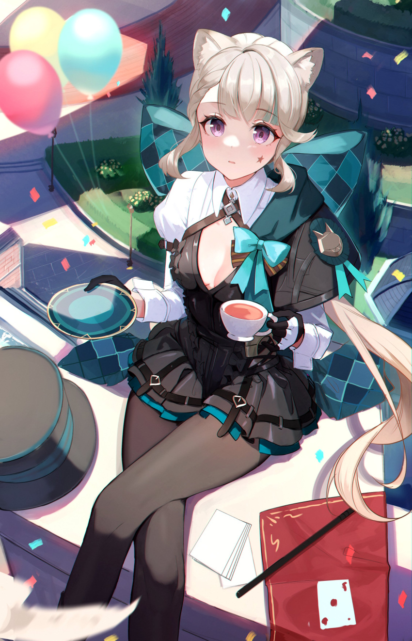 1girl absurdres animal_ear_fluff animal_ears black_gloves black_leotard black_pantyhose bow breasts card cat_ears center_opening cleavage crossed_legs cup facial_mark frilled_leotard frills genshin_impact gloves grey_hair hair_twirling highres holding holding_cup holding_plate leotard long_hair long_sleeves looking_at_viewer looking_up lumo_1121 lynette_(genshin_impact) pantyhose parted_lips plate purple_eyes solo star_(symbol) star_facial_mark teacup two-tone_gloves white_gloves