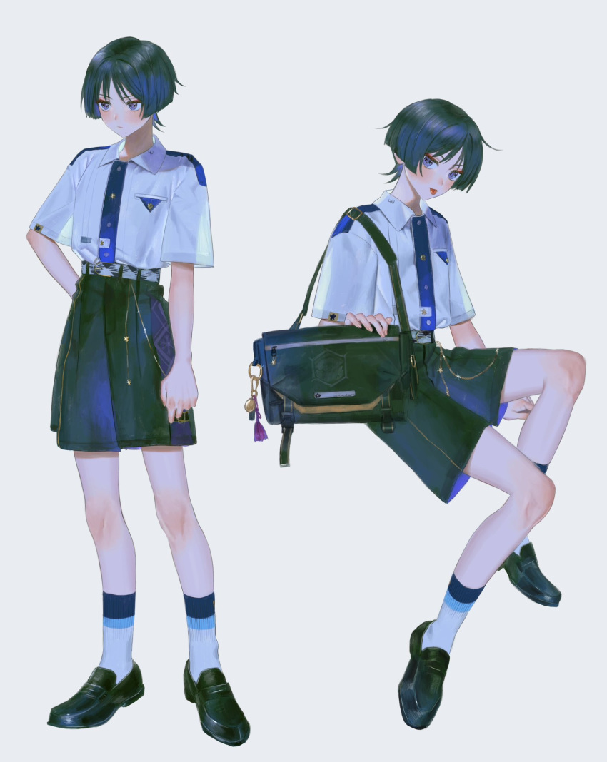 4the2ofus alternate_costume bag bag_charm black_footwear black_hair blue_hair blush charm_(object) closed_mouth eyeshadow full_body genshin_impact grey_background highres invisible_chair looking_at_viewer makeup multicolored_hair multiple_views purple_eyes red_eyeshadow scaramouche_(genshin_impact) shirt short_sleeves shorts simple_background sitting socks standing tongue tongue_out white_shirt