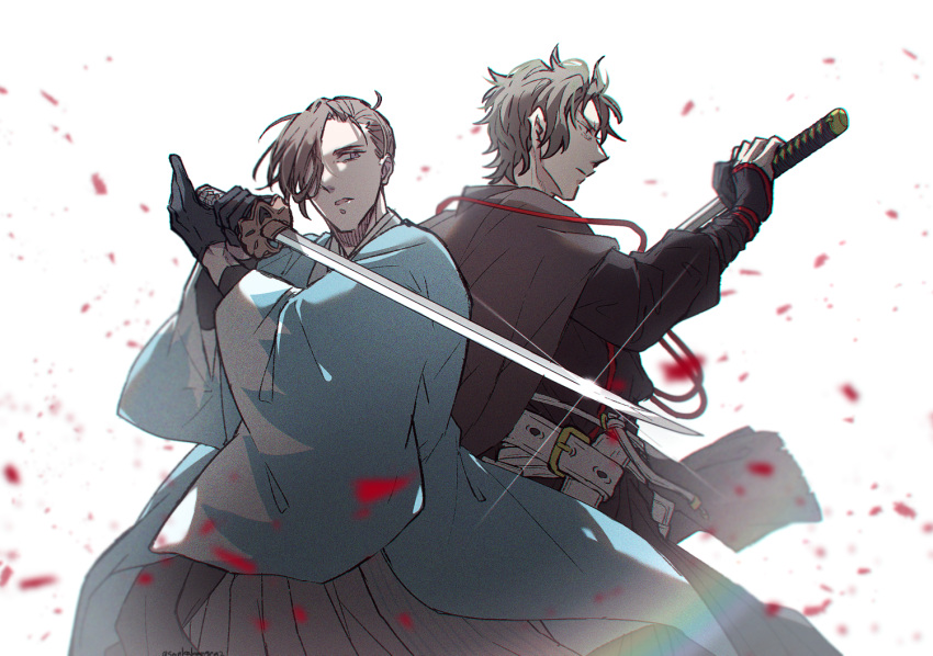 2boys arm_guards back-to-back belt black_eyes black_gloves black_hair black_hakama brown_hair brown_jacket closed_mouth commission falling_petals fate/grand_order fate_(series) feet_out_of_frame fighting_stance glint gloves grey_hakama hair_over_one_eye hair_pulled_back hair_slicked_back hakama haori hijikata_toshizou_(fate) holding holding_sword holding_weapon jacket jacket_on_shoulders japanese_clothes katana legs_apart long_sleeves male_focus masaki_(star8moon) multiple_belts multiple_boys parted_lips petals pixiv_commission profile purple_eyes sanpaku serious shinsengumi short_hair sideways_glance standing sword weapon white_background wide_sleeves yamanami_keisuke_(fate)