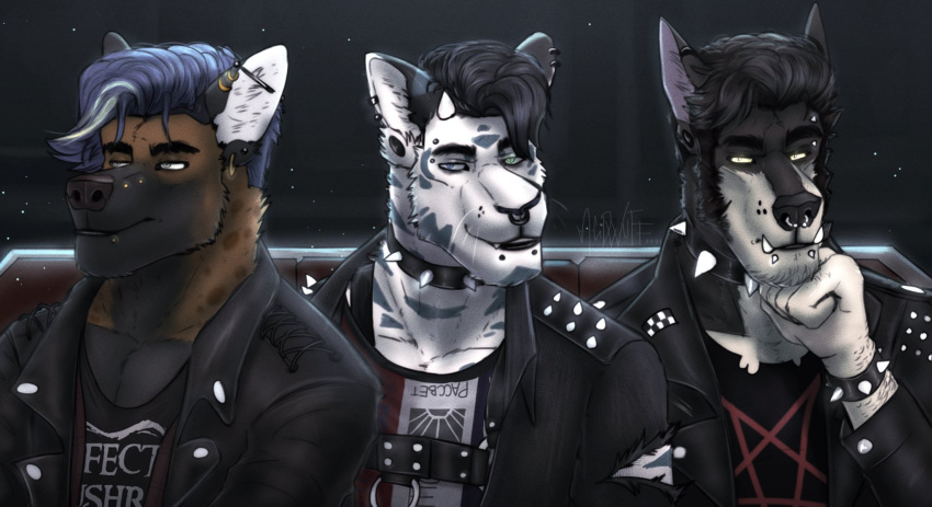 2021 acidwuff anthro black_clothing black_collar black_hair black_jacket black_topwear blue_eyes blue_hair brown_body brown_fur brown_nose canid cheek_tuft clothed clothing collar dated ear_piercing ear_ring eyebrow_piercing facial_piercing facial_tuft felid front_view fur gauged_ear green_eyes grey_body grey_eyes grey_fur group hair heterochromia hi_res horn industrial_piercing jacket larry_(acidwuff) lip_piercing lip_stud looking_at_viewer male mammal multiple_piercings nose_piercing nose_ring piercing ring_piercing septum_piercing septum_ring short_hair signature small_horn spike_piercing spiked_collar spikes topwear torn_jacket trio tuft whiskers white_body white_fur white_horn yellow_eyes