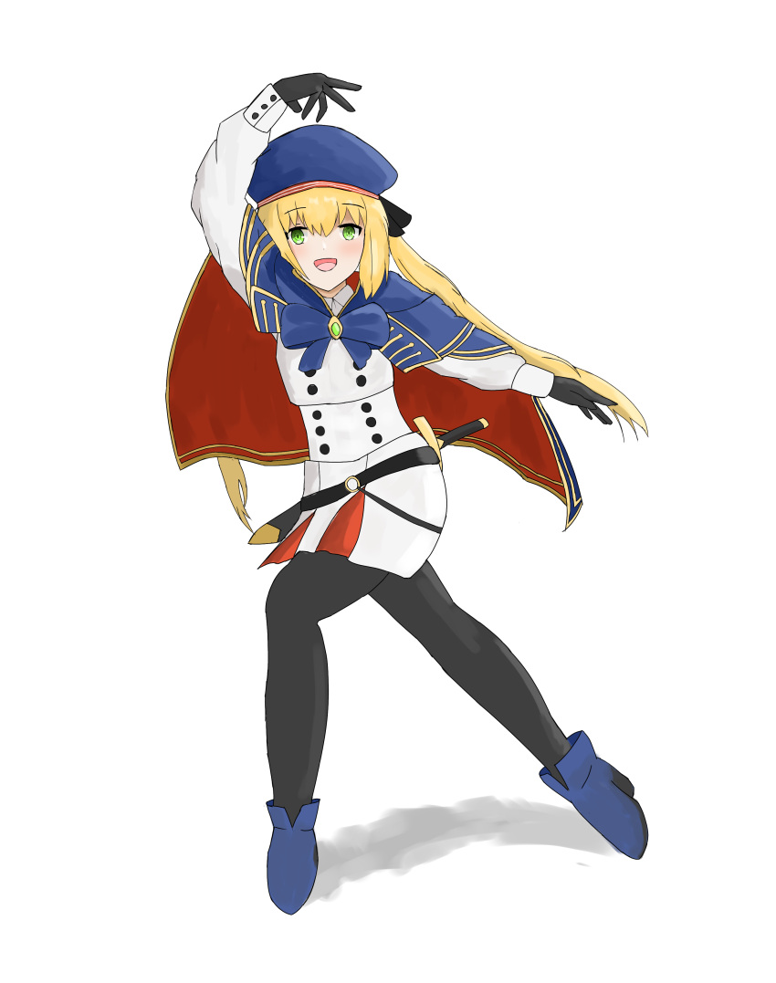 1girl absurdres artoria_caster_(fate) artoria_pendragon_(fate) beret black_gloves blonde_hair blue_cape blush boots buttons cape double-breasted fate/grand_order fate_(series) full_body gloves green_eyes hat heel_up highres jacket long_hair looking_at_viewer multicolored_cape multicolored_clothes nicho open_mouth pantyhose red_cape simple_background smile solo sword sword_behind_back throwing weapon white_background white_jacket