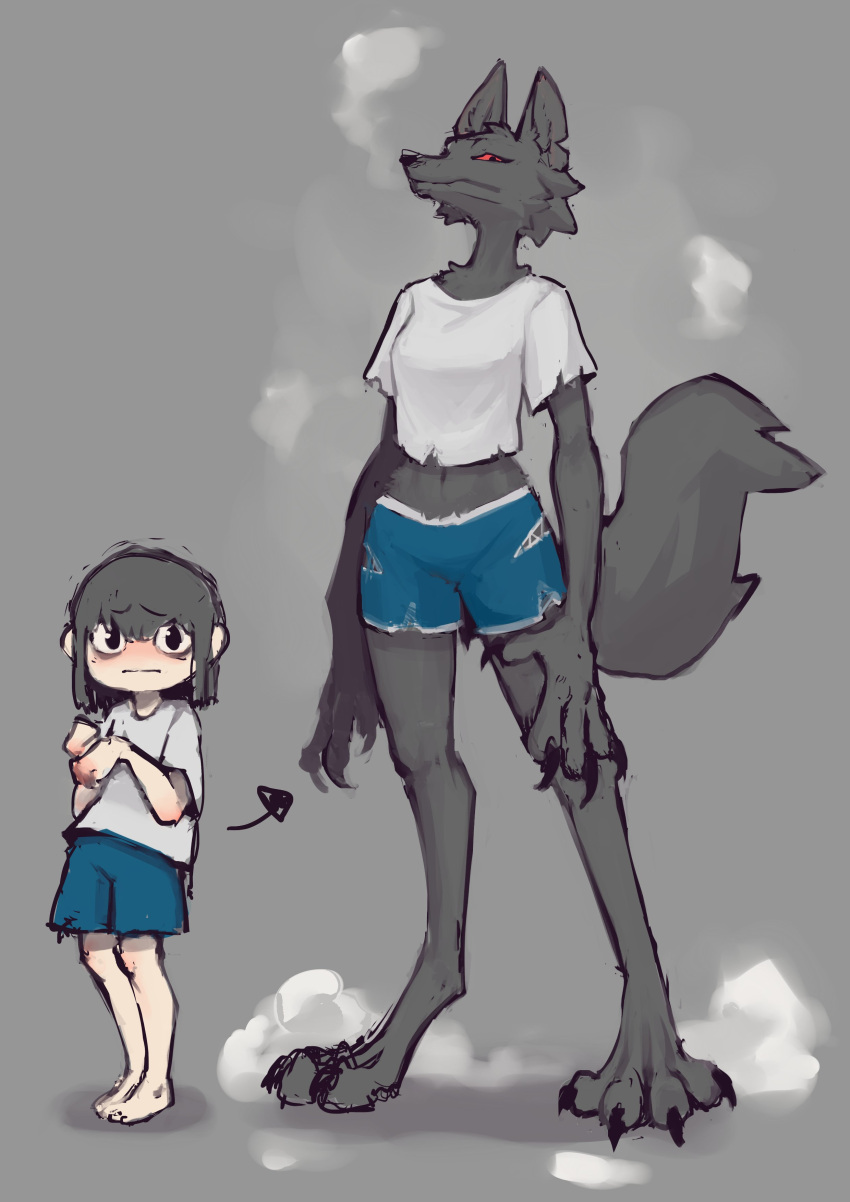 absurd_res anthro black_nose canid canine clothed clothing color_fox digital_media_(artwork) female fur hair hi_res human mammal nervous_expression solo taller_female topwear torn_clothing transformation were werecanid werecanine werewolf