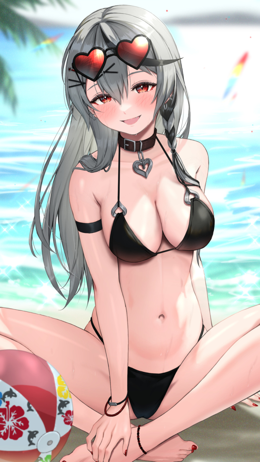 1girl :d ball barefoot bikini black_bikini black_collar black_hair blurry blurry_background blush bowsan bracelet braid breasts cleavage clothes_lift collar crossed_ankles day eyewear_on_head feet grey_hair hair_ornament heart heart-shaped_eyewear highres hololive jewelry knees_apart_feet_together large_breasts long_hair multicolored_hair nail_polish navel ocean open_mouth outdoors parted_lips red_eyes red_nails sakamata_chloe single_braid sitting smile solo stomach streaked_hair sunglasses swimsuit toenail_polish toenails toes virtual_youtuber x_hair_ornament