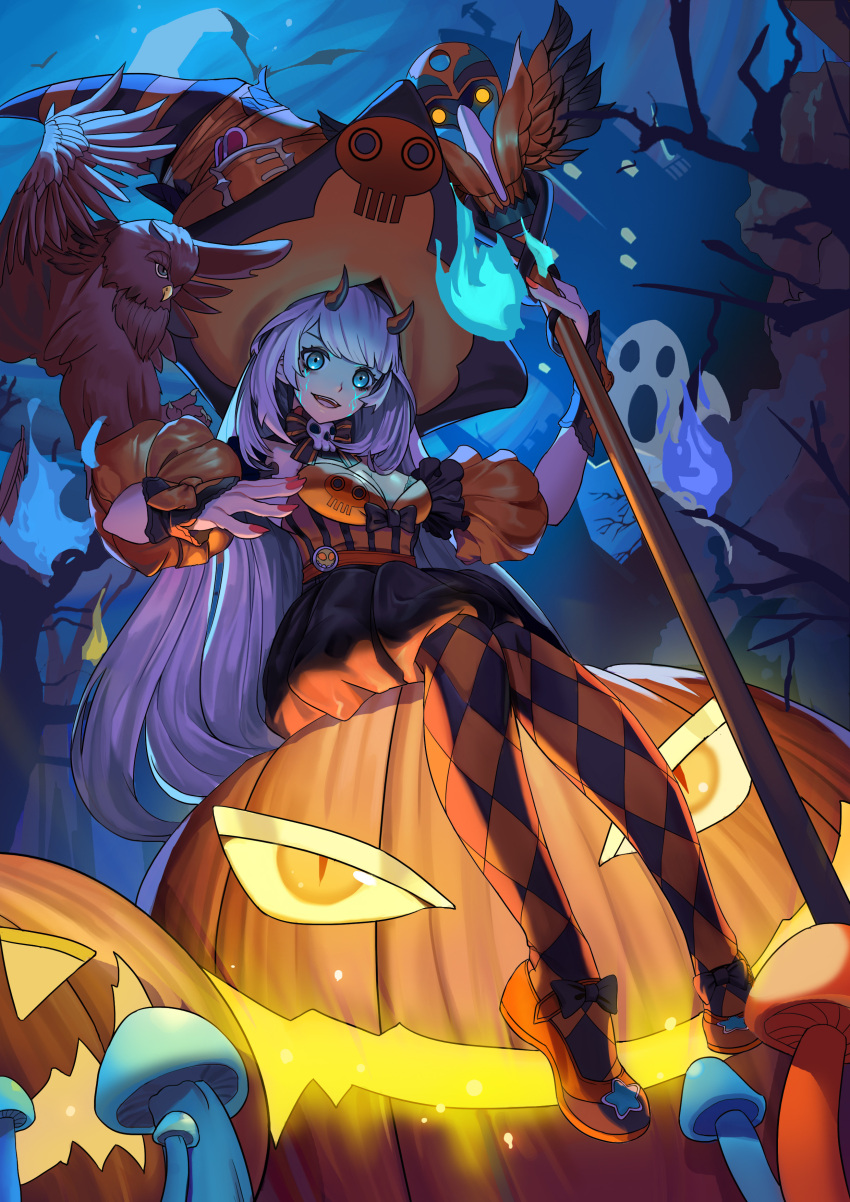 1girl absurdres bat_(animal) bird blue_eyes bow breasts checkered_clothes checkered_legwear cleavage colored_skin crescent_moon crying demon_horns ghost halloween hat highres holding holding_staff horns jack-o'-lantern leggings long_hair looking_at_viewer moon mushroom nail_polish onionsix666 open_mouth original owl puffy_shorts puffy_sleeves pumpkin shorts sitting smile staff streaming_tears tears witch witch_hat wrist_cuffs