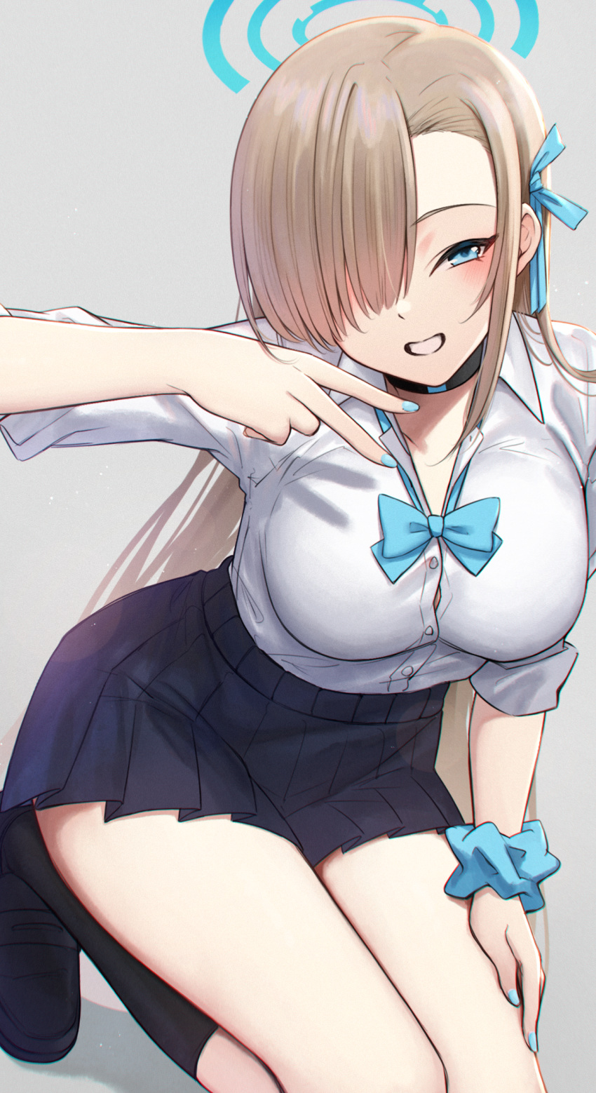 1girl asuna_(blue_archive) asymmetrical_bangs black_footwear black_skirt black_socks blue_archive blue_bow blue_eyes blue_scrunchie bow breasts brown_hair collared_shirt commentary_request dress_shirt grey_background grin hair_over_one_eye halo highres hoshimiya_aki large_breasts loafers long_hair looking_at_viewer pleated_skirt revision school_uniform scrunchie shirt shoes simple_background skirt smile socks solo very_long_hair white_shirt wrist_scrunchie