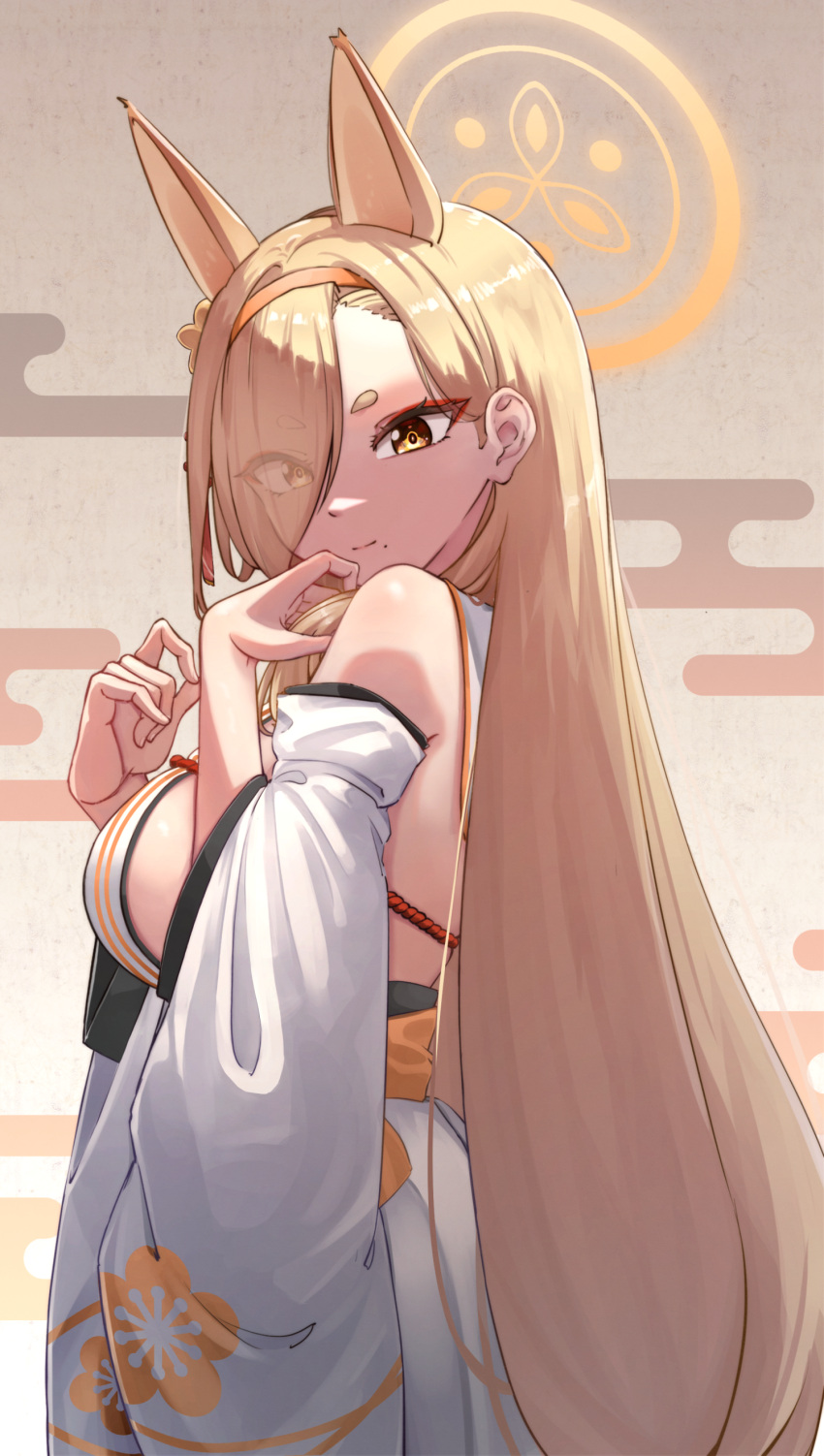 1girl absurdres animal_ears bare_shoulders blonde_hair blue_archive breasts closed_mouth commentary detached_sleeves egasumi extra_ears eyes_visible_through_hair eyeshadow fox_ears grey_background hair_behind_ear hair_ornament hair_over_one_eye halo hand_in_own_hair hands_up headband highres japanese_clothes kaho_(blue_archive) kimono large_breasts long_hair looking_at_viewer makeup mole mole_under_mouth obijime orange_halo orange_headband plum_blossom_print print_kimono red_eyeshadow short_eyebrows sideboob smile solo thick_eyebrows very_long_hair white_kimono wide_sleeves yellow_eyes yirga