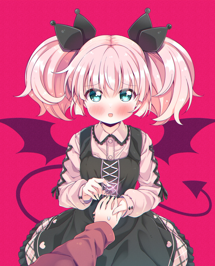 1girl barbed_wire black_dress blush demon_tail demon_wings dress green_eyes hair_ornament hand_grab heart heart-shaped_pupils highres jewelry nervous_sweating open_mouth pink_background pink_hair pink_shirt pov ring shadow shirt short_twintails smile sweat symbol-shaped_pupils tail takahero twintails wedding_ring wings yoshikawa_chinatsu yuru_yuri