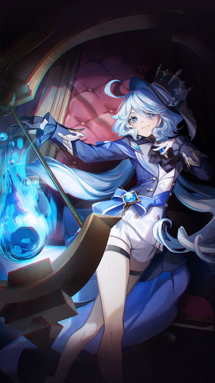 1girl ahoge ascot black_ascot black_gloves blue_brooch blue_eyes blue_hair blue_headwear blue_jacket blush chromatic_aberration closed_mouth furina_(genshin_impact) genshin_impact gloves hair_between_eyes hat highres indoors jacket kyusoukyu light_blue_hair long_hair looking_at_viewer magic pale_skin short_hair shorts sidelocks smile throne top_hat white_gloves white_shorts