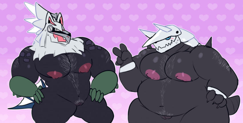 &lt;3 aggron andromorph anthro arm_hair belly big_pecs black_body blue_eyes blush blush_lines body_hair chest_hair clawzetto digital_media_(artwork) duo generation_3_pokemon generation_7_pokemon genitals gesture hand_on_hip hands_on_hips horn intersex legendary_pokemon moobs muscular nintendo obese obese_anthro overweight overweight_anthro peccs pecs pink_background pokemon pokemon_(species) pussy silvally simple_background standing v_sign