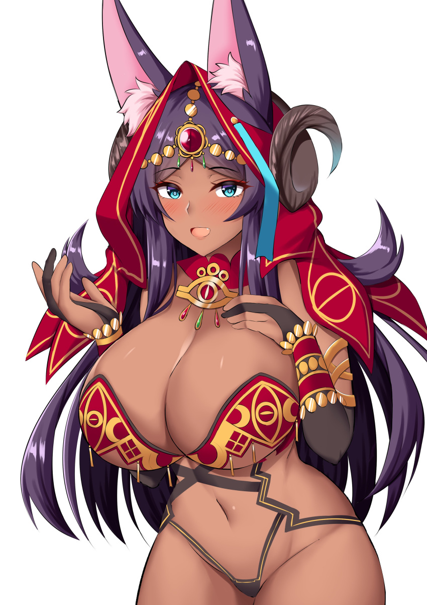 1girl absurdres animal_ears aqua_eyes bare_shoulders blush breasts bridal_gauntlets circlet cleavage dark-skinned_female dark_skin detached_sleeves fate/grand_order fate_(series) forehead_jewel halterneck highres jackal_ears kisaragi_nana large_breasts long_hair looking_at_viewer navel open_mouth parted_bangs purple_hair queen_of_sheba_(fate) smile solo stomach white_background