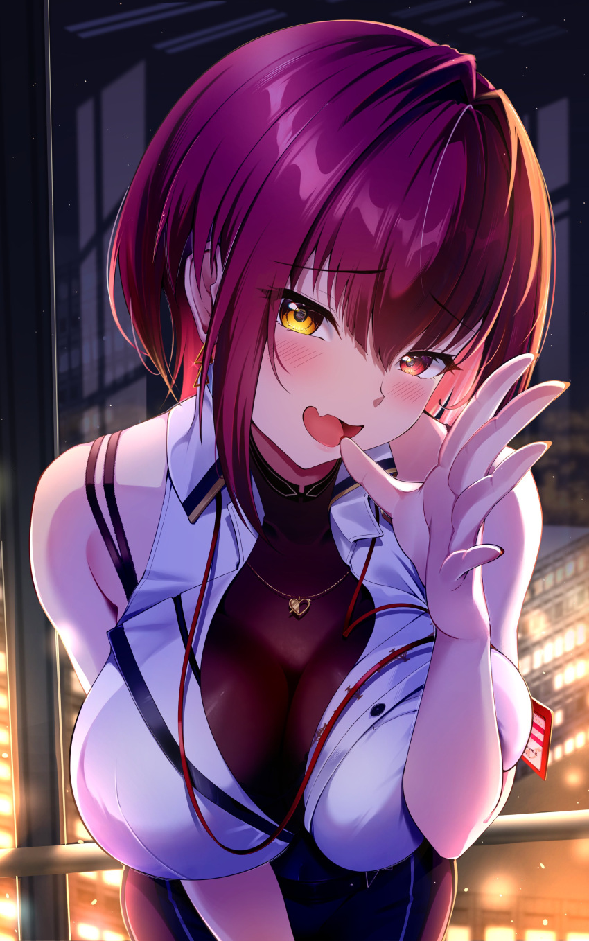 1girl absurdres blush bob_cut breasts collared_shirt earrings fang gold_earrings gold_necklace hand_up heart heart_necklace heterochromia highres hololive houshou_marine houshou_marine_(7th_costume) jewelry large_breasts looking_at_viewer mogmog_megmog necklace open_mouth red_hair shirt short_hair single_earring skin_fang solo triangle_earrings virtual_youtuber white_shirt