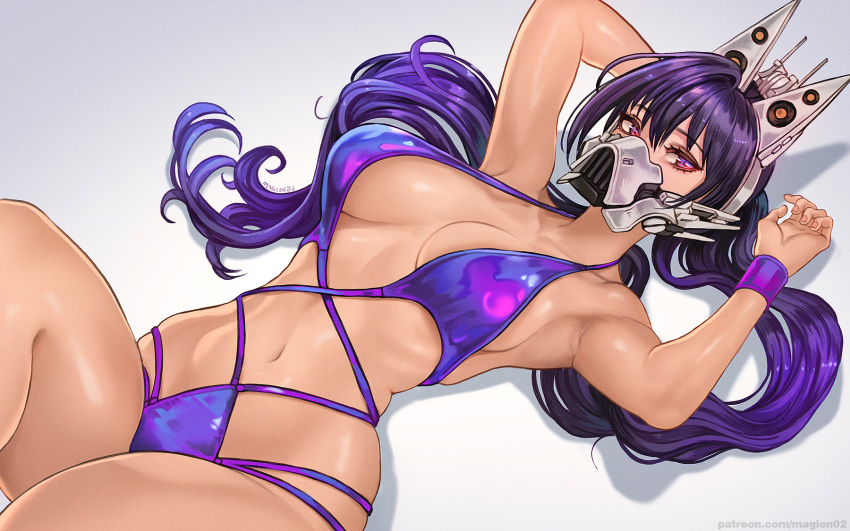 1girl arm_up armpits black_hair black_pants breasts cleavage collarbone goddess_of_victory:_nikke hair_between_eyes headgear high_ponytail highres large_breasts long_hair looking_at_viewer lying magion02 mask mouth_mask navel on_back pants purple_eyes sin_(nikke) solo stomach swimsuit thighs very_long_hair