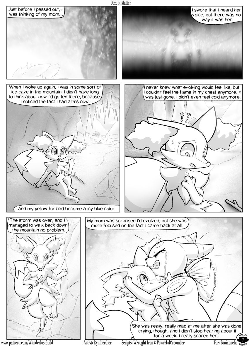 absurd_res blizzard_(weather) bodily_fluids braixen comic crying dialogue digital_media_(artwork) duo eeveelution english_text female feral froslass fur generation_2_pokemon generation_4_pokemon generation_6_pokemon hi_res koru_(braixenchu) male mammal monochrome nintendo obscured_character open_mouth pokemon pokemon_(species) question_mark rymherdier solo stick tears text umbreon wanderlust