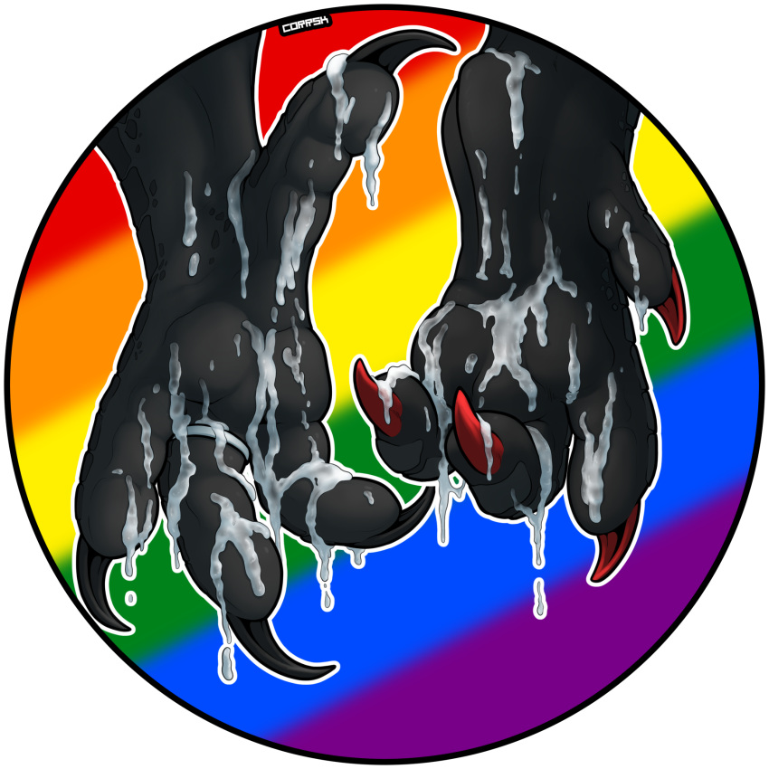 accipitrid accipitriform anthro avian bird bodily_fluids claws corrsk cum cum_on_feet digit_ring digital_media_(artwork) dragon duo eagle feet foot_focus genital_fluids hi_res jewelry lgbt_pride male paws pride_colors rainbow_pride_colors ring scalie simple_background soles toe_ring