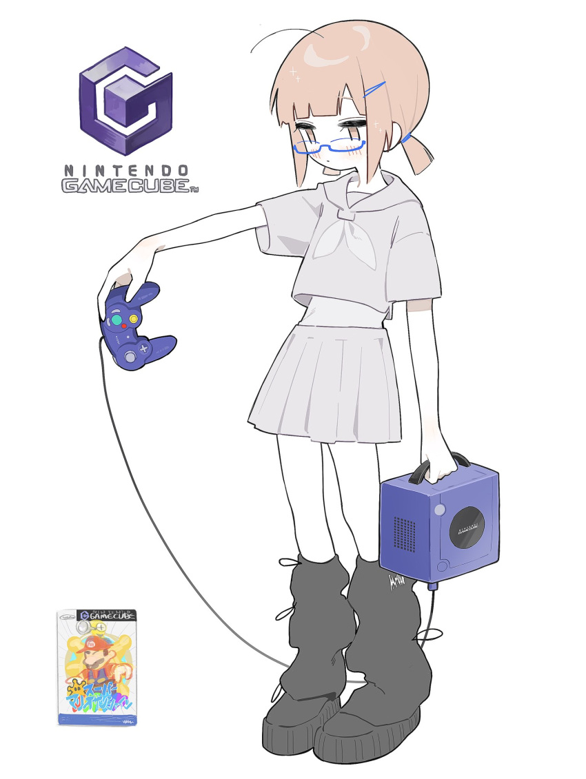 1girl black_footwear black_socks blue-framed_eyewear blush controller cover full_body game_console game_controller gamecube gamecube_controller glasses grey_shirt grey_skirt hair_ribbon hand_up highres holding holding_controller holding_game_controller kneehighs logo myomuron nintendo orange_eyes orange_hair original outstretched_arm pale_skin pleated_skirt rectangular_eyewear ribbon sailor_collar semi-rimless_eyewear shirt short_hair short_sleeves simple_background skirt socks solo video_game_cover white_background