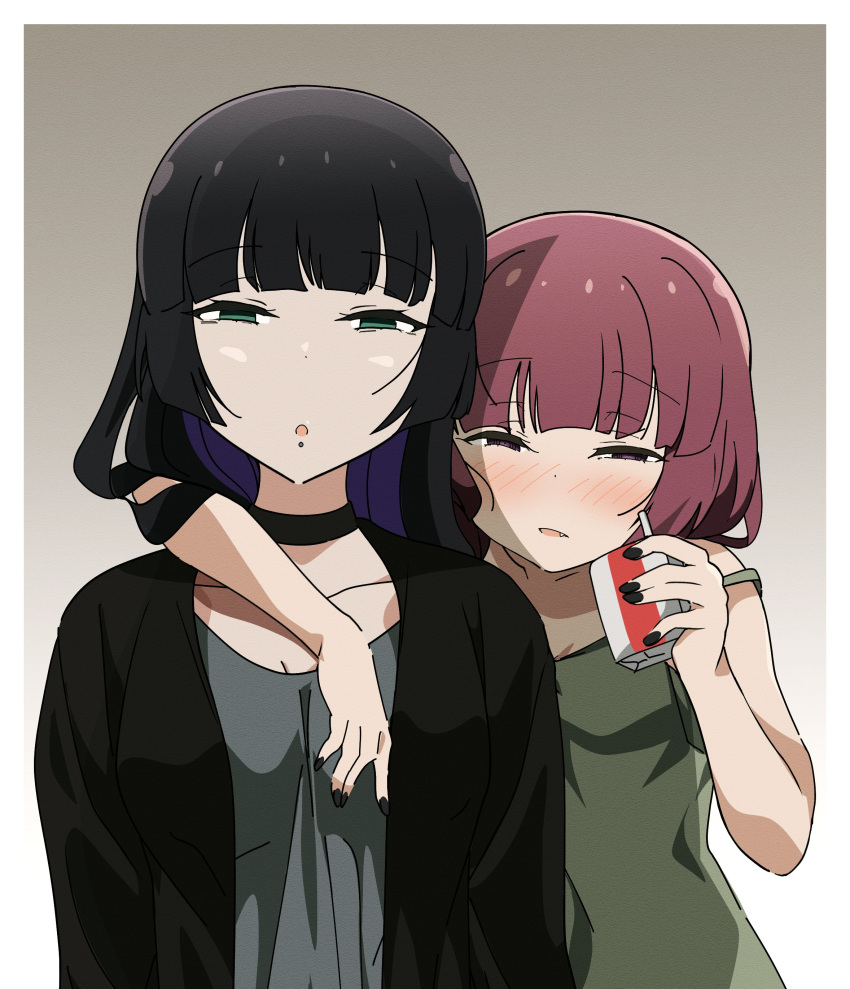 2girls absurdres alcohol alcohol_carton aqua_eyes arm_around_shoulder black_cardigan black_choker black_hair black_nails bocchi_the_rock! cardigan carton chin_piercing choker colored_inner_hair commentary dress drinking_straw goumonsha green_dress grey_dress highres hime_cut hiroi_kikuri long_hair looking_at_viewer multicolored_hair multiple_girls pa-san parted_lips purple_eyes purple_hair squinting symbol-only_commentary two-tone_hair