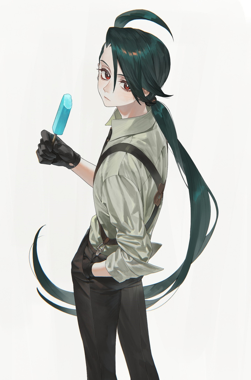 1girl ahoge androgynous black_gloves black_necktie black_pants bright_pupils collared_shirt commentary cowboy_shot ear_piercing expressionless food from_above gloves green_hair grey_shirt hand_in_pocket highres holding holding_food holding_popsicle itou_(very_ito) long_hair looking_at_viewer looking_back low_ponytail necktie pants piercing pokemon pokemon_(game) pokemon_sv popsicle red_eyes rika_(pokemon) shirt simple_background solo standing suspenders swept_bangs symbol-only_commentary white_background white_pupils