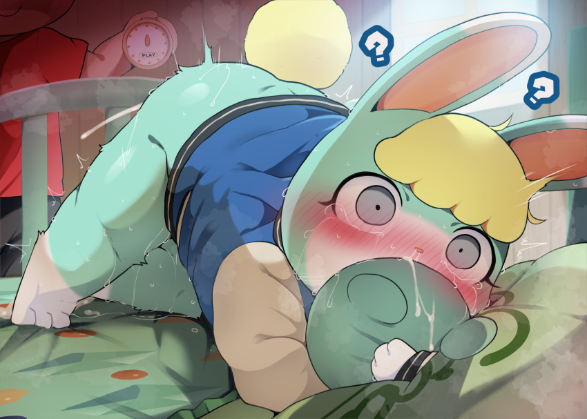 after_sex animal_crossing anthro blonde_hair blush bodily_fluids butt clothed clothing cum dagasi duo fur genital_fluids girly green_body green_fur hair hi_res human lagomorph leporid male mammal nintendo plushie question_mark rabbit sasha_(animal_crossing) sweat sweatdrop tears villager_(animal_crossing)