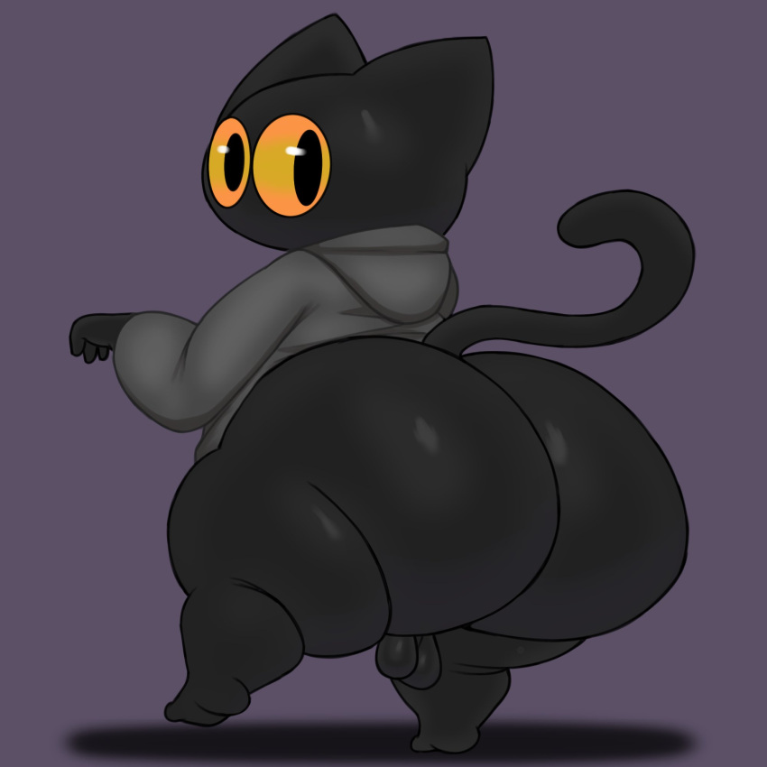 1:1 2023 anthro axoarts balls big_butt black_body black_ears black_eyes black_fur black_tail bottomless butt clothed clothing digital_media_(artwork) domestic_cat felid feline felis fur genitals google google_doodle grey_clothing grey_robe grey_topwear hi_res looking_back magic_cat_academy male mammal momo_(google) partially_clothed pose purple_background rear_view robe simple_background small_balls solo standing tail thick_thighs three-quarter_view topwear yellow_sclera