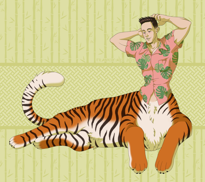 brown_hair claws felid felid_taur feline frankly-art fur hair humanoid humanoid_taur jefftaur male mammal mammal_taur muscular muscular_male pantherine pantherine_taur paws small_waist smile solo stretching striped_body striped_fur stripes tail taur tiger tiger_taur waist