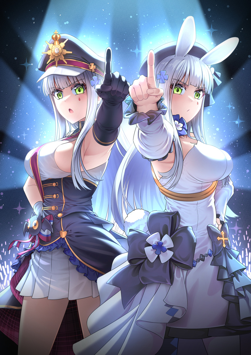 absurdres animal_ears armpits asymmetrical_gloves beret blunt_bangs breasts choker clukay_(aflame_accent)_(neural_cloud) concert detached_sleeves dress dual_persona elbow_gloves facial_mark flower_choker girls'_frontline girls'_frontline_neural_cloud gloves green_eyes hand_on_own_hip hand_up hat highres hk416_(girls'_frontline) hk416_(herbal-flavored_hard_candy)_(girls'_frontline) idol_clothes large_breasts long_hair official_alternate_costume peaked_cap pleated_skirt pointing purple_headwear rabbit_ears red_sash sash senpaihawkkun shirt sideboob single_elbow_glove skirt sleeveless sleeveless_shirt stage_lights strapless strapless_dress teardrop teardrop_facial_mark teardrop_tattoo white_dress white_hair