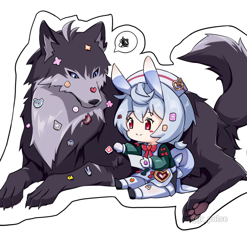 1:1 absurd_res black_body black_fur blue_eyes blue_hair canid canine canis chibi clothing curled_tail duo female feral feralized fur genshin_impact hair hat headgear headwear hi_res horn humanoid jrpuls3 male mammal melusine_(genshin_impact) mihoyo nurse nurse_clothing nurse_hat nurse_headwear red_eyes sigewinne_(genshin_impact) simple_background smile sticker stickers tail white_background wolf wriothesley_(genshin_impact)