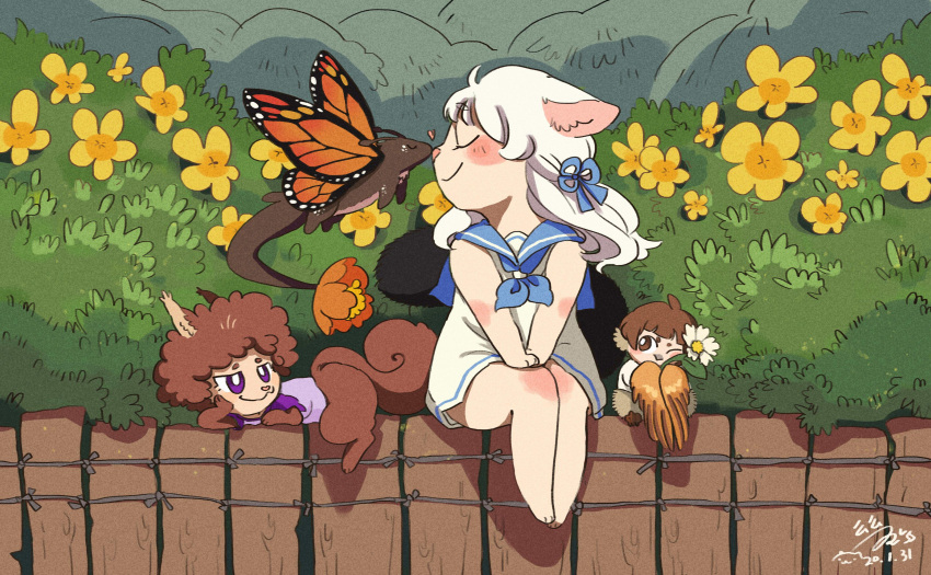 1girl 1other 2boys absurdres afro animal_ears artist_name beak bird_boy blue_neckerchief blue_ribbon blue_sailor_collar blush bowl_cut brown_fur brown_hair brown_wings bush butterfly_wings cat_ears cat_girl cat_tail closed_eyes dated dress fence flower furry hair_ribbon hands_on_own_knees highres holding holding_flower hua_hua_de_meme kiss kissing_nose long_hair looking_at_another lying multiple_boys neckerchief on_side one_eye_closed orange_wings original purple_eyes ribbon sailor_collar sailor_dress signature sitting sleeveless sleeveless_dress smile squirrel_boy squirrel_ears squirrel_tail tail turning_head white_dress white_footwear white_hair wings wooden_fence yellow_flower