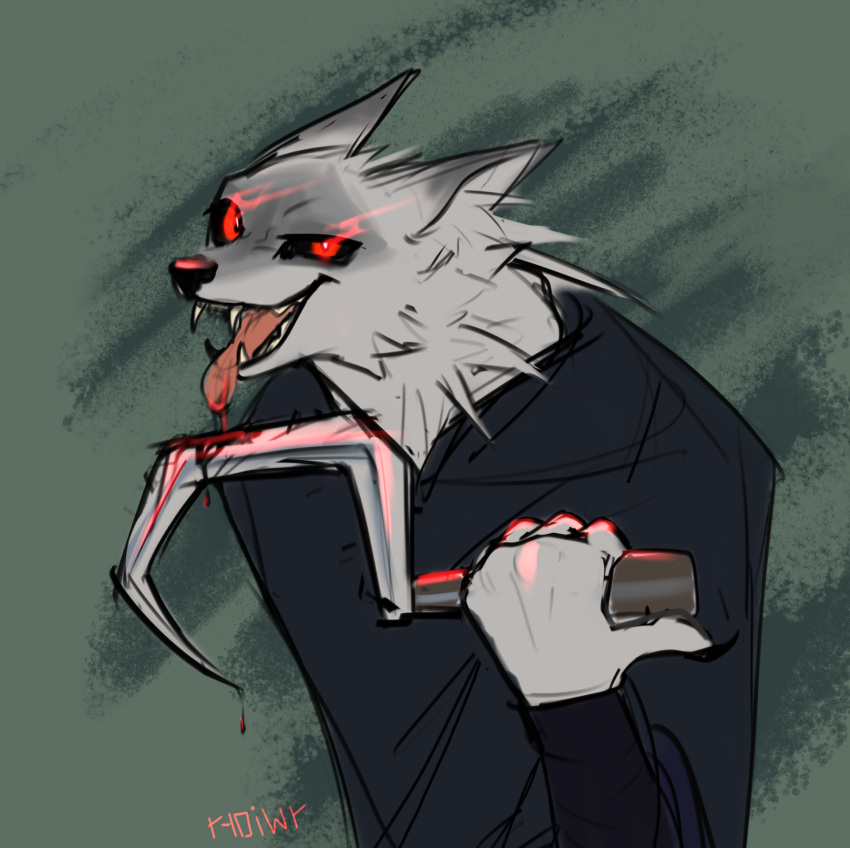 2023 anthro black_nose blood bodily_fluids canid canine canis claws clothed clothing death_(puss_in_boots) fangs fur hi_res holding_object holding_weapon koiren licking looking_at_viewer male mammal melee_weapon open_mouth red_eyes simple_background sketch solo teeth tongue tongue_out watermark weapon white_body white_fur wolf