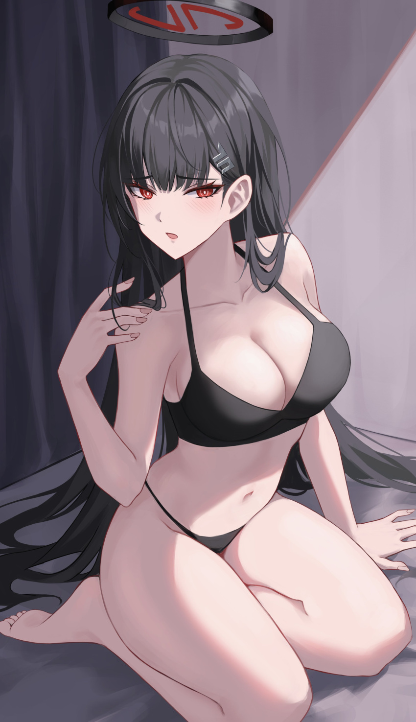 1girl :o absurdres barefoot black_bra black_hair black_panties blue_archive blush bra breasts cleavage collarbone eonyan_(chaeyang) hair_ornament hairclip halo highres large_breasts long_hair open_mouth panties raised_eyebrows red_eyes rio_(blue_archive) seiza sitting solo strap_gap thighs underwear underwear_only very_long_hair