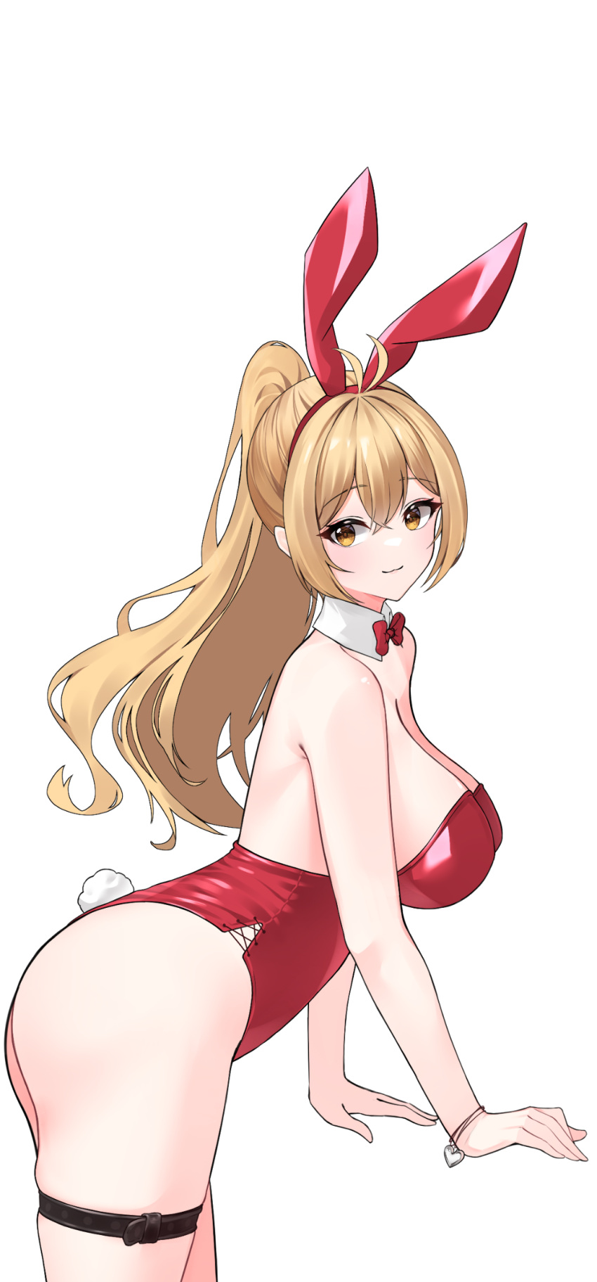 1girl :3 animal_ears antenna_hair arm_support artist_request ass backless_leotard bare_arms bare_legs bare_shoulders bent_over blonde_hair bow bowtie breasts cleavage closed_mouth commentary_request commission cowboy_shot detached_collar fake_animal_ears fake_tail from_side hairband highleg highleg_leotard highres korean_commentary large_breasts leotard long_hair looking_at_viewer looking_to_the_side original playboy_bunny rabbit_ears rabbit_tail red_hairband red_leotard second-party_source side-tie_leotard simple_background skindentation smile solo standing strapless strapless_leotard tail thigh_strap thighs white_background yellow_eyes