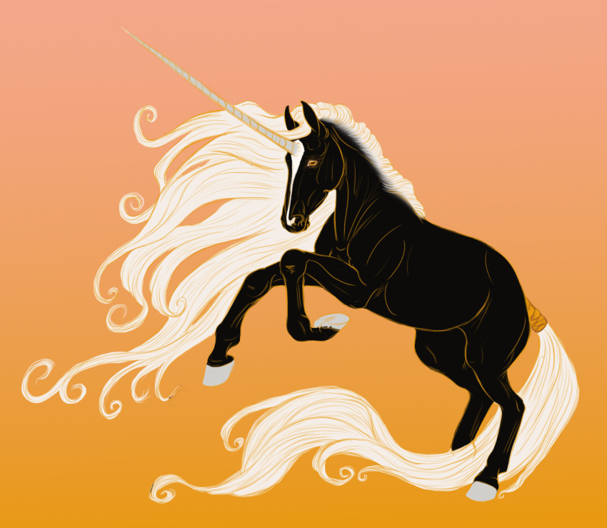 2023 alisian ambiguous_gender black_body calima digital_media_(artwork) equid equine facial_markings female_(lore) feral hair head_markings hi_res hooves horn long_hair long_horn long_mane long_tail looking_at_viewer mammal mane markings on_hind_legs orange_eyes simple_background solo tail tail_wraps unicorn white_hair white_mane white_tail wraps