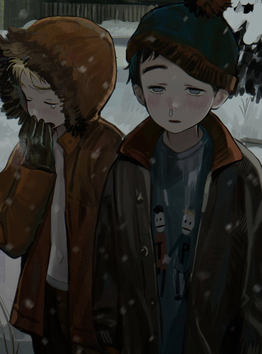 2boys animification beanie black_hair blonde_hair breath brown_jacket child cuf_nayl fur_hat gloves half-closed_eyes hat highres hood hooded_coat jacket kenny_mccormick male_focus multiple_boys navel open_mouth snot snow south_park stan_marsh terrance_&amp;_philip