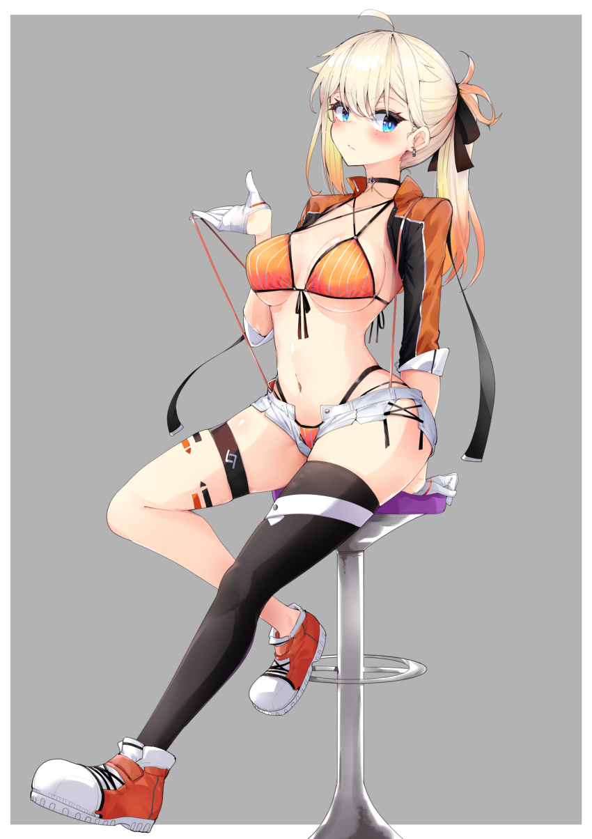 ahoge bikini black_choker black_ribbon black_thighhighs blonde_hair blue_eyes blush border breasts cevio choker cleavage closed_mouth earrings front-tie_bikini_top front-tie_top full_body gloves gradient_hair grey_background hair_ribbon highres jewelry large_breasts long_hair long_sleeves looking_at_viewer multicolored_hair navel one_(cevio) open_fly orange_bikini orange_footwear orange_hair outside_border ponytail ribbon shoes short_shorts shorts simple_background single_thighhigh sitting skindentation sneakers stool striped striped_bikini swimsuit thigh_strap thighhighs vertical-striped_bikini vertical_stripes white_border white_gloves white_shorts zooanime